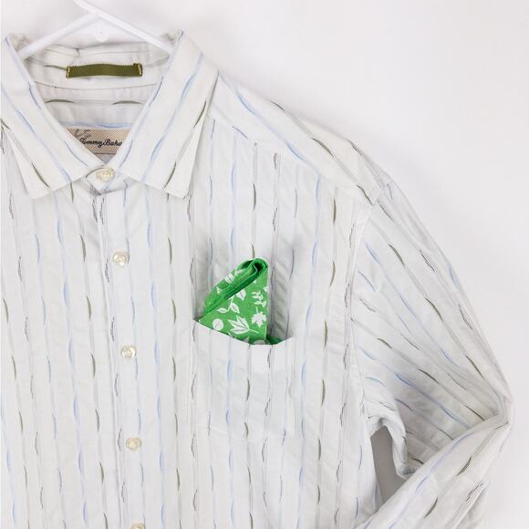 Tommy Bahama Silk Blend Buton Down Men's Medium White with Geometric Blue Green - Picture 5 of 12